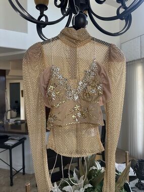 Beaded Sheer Gold Top with Embellished Bust
